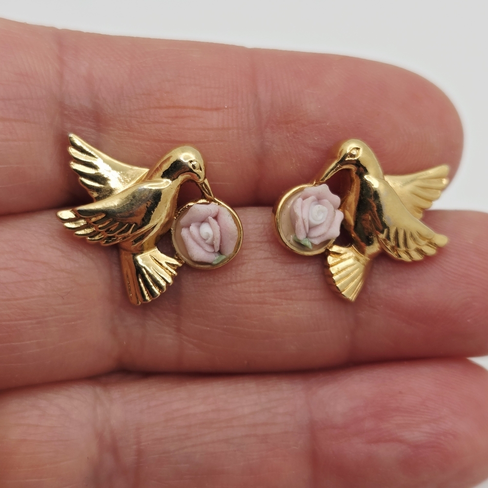 Avon Gold Bird Earrings with Pink Floral Accent
